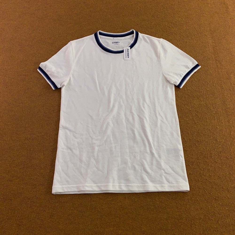 Old Navy Mens XS White Blue Striped Trim Ringer Pique Knit T-Shirt NWT